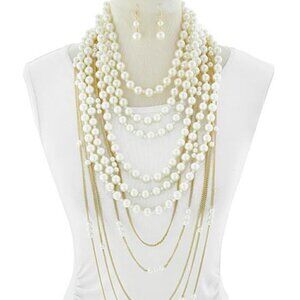 Lightweight Statement Multi Layered Strands of Faux Pearls in Gold Tone Necklace